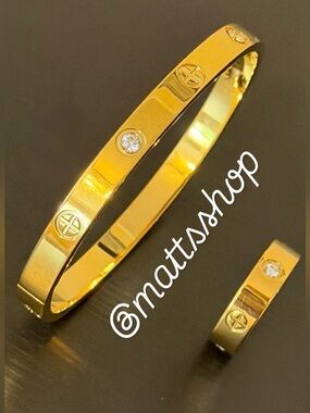 Love Bangle Screw Bracelet & Ring Set Motif Gold with Stones Multi Size Womens
